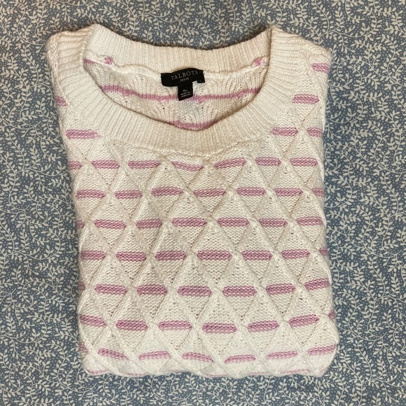 Talbots White Cable Knit Crew Neck Sweater with Pastel Pink Stripes Small Petite - Picture 11 of 11